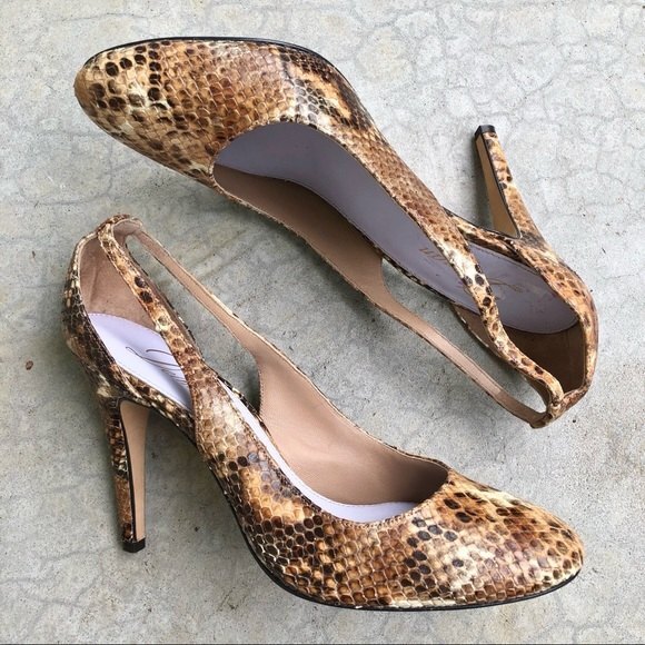 Delman snakeskin leather pumps heels cutout brown 8 - Picture 1 of 7